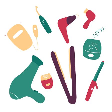 Beauty devices icon set. Home and salon cosmetology procedures. Gadgets, instruments for beauty. Vector flat doodle illustration.のイラスト素材