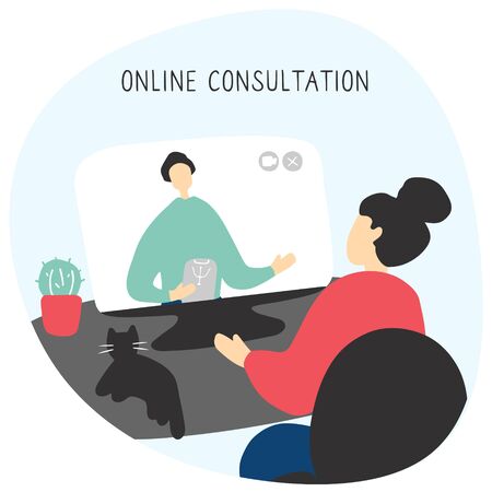Patient talking to psychologist. Psychotherapy counseling. Online therapy session. Doodle vector graphic.のイラスト素材