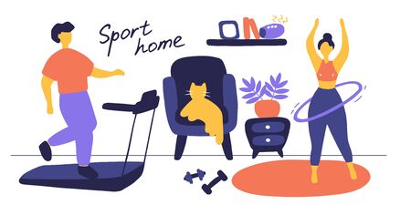 Sports at home. Happy family sporting events. A guy and a girl do a workout at home. Fitness training exercises, healthy lifestyle. Vector flat colorful illustrationのイラスト素材