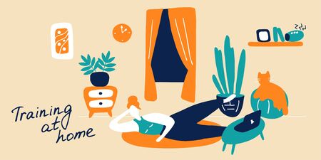 Sport exercise and physical activity at home. Young woman training, getting fit at home. Stay physically active during self-quarantine. Hand drawn flat vector illustrationのイラスト素材