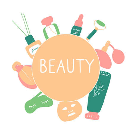 Beauty salon. Skin care elements, cosmetics products, beauty tools. Vector flat hand drawn illustration.のイラスト素材