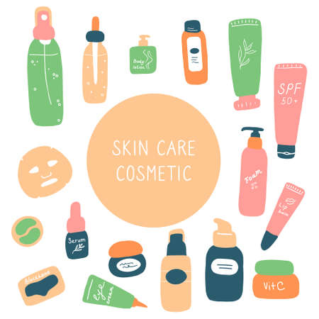 Skin care cosmetics set. Beauty products for daily routine. Cute hand drawn cosmetics packaging. Vector flat illustration.のイラスト素材