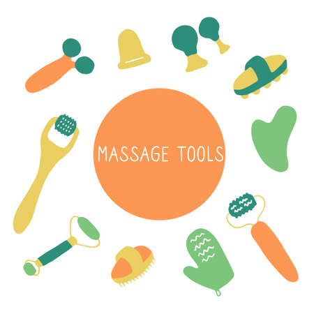 Massage tools. Massagers for face and body. Equipment for drainage, skin tightening lifting and health. Anti-cellulite brushes, massage rollers and gua sha scraper. Hand drawn flat illustration.のイラスト素材