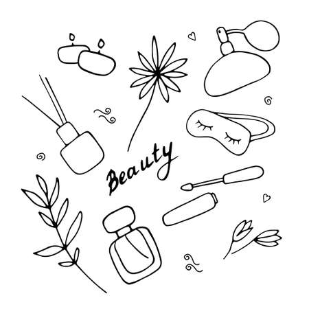 Beauty set. Perfume and cosmetic signs. Female accessories. Linear doodle vector elements.のイラスト素材