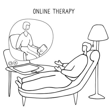 Man at session with psychologist talks about her problems. Online consultation of psychotherapist. Psychological treatment. Linear vector illustration.のイラスト素材