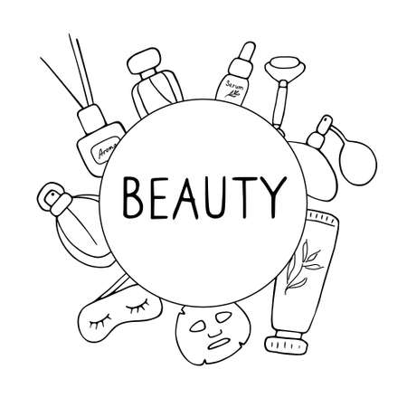 Beauty salon. Skin care elements, cosmetics products, beauty tools. Vector hand drawn illustration.のイラスト素材