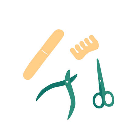 Vector manicure-pedicure set with nail polish, scissors, manicure tweezer clipper, pedicure spacer. Hand drawn flat vector illustration.のイラスト素材