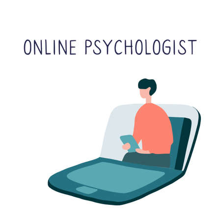 Online psychotherapy practice. Remote psychological help, psychiatrist consulting patient. Mental health care and treatment. Hand drawn vector illustration.のイラスト素材