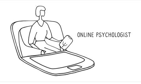 Online psychotherapy practice. Remote psychological help, psychiatrist consulting patient. Mental health care and treatment. Hand drawn vector illustration.のイラスト素材