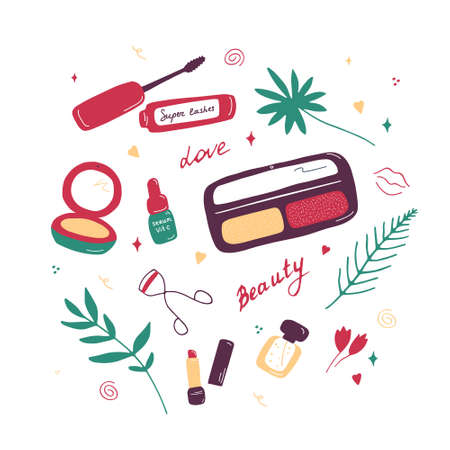 Makeup and cosmetics background. Background with makeup elements and flowers. Visage tools banner, poster for digital and print. Hand drawn flat doodle vector illustration.のイラスト素材