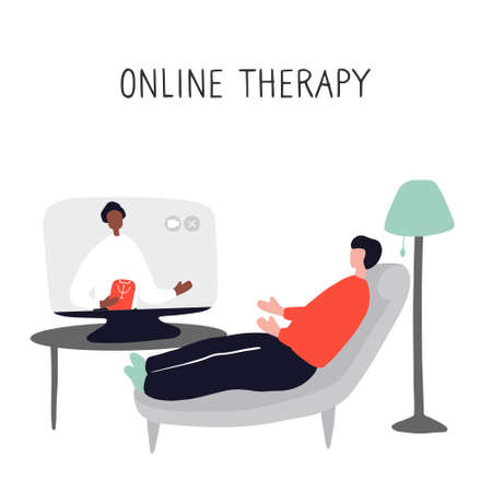Online psychotherapy practice. Remote psychological help, psychiatrist consulting patient. Mental health care and treatment. Hand drawn vector illustration.のイラスト素材