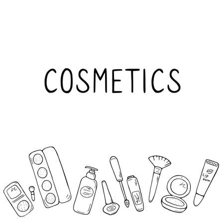 Set of makeup icons. Cosmetic products and accessories sketch. Fashion makeup banner. Simple cute beauty elements. Hand drawn doodle vector illustration.のイラスト素材