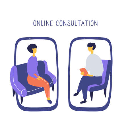 Woman at the psychologist online session. Doctor consultation by phone. Video call to psychiatrist. Online psychological therapy. Flat drawn doodle vector graphic.のイラスト素材