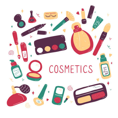 Makeup artist and beauty salon professional kit collection. Beauty sketch background. Illustration of cosmetic and fashion. Hand drawn flat doodle vector.のイラスト素材