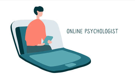 Online psychotherapy practice. Remote psychological help, psychiatrist consulting patient. Mental health care and treatment. Hand drawn vector illustration.のイラスト素材
