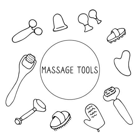 Massage tools. Massagers for face and body. Equipment for drainage, skin tightening lifting and health. Anti-cellulite brushes, massage rollers and gua sha scraper. Hand drawn illustration.のイラスト素材