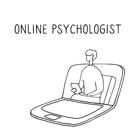 Online psychotherapy practice. Remote psychological help, psychiatrist consulting patient. Mental health care and treatment. Hand drawn vector illustration.のイラスト素材