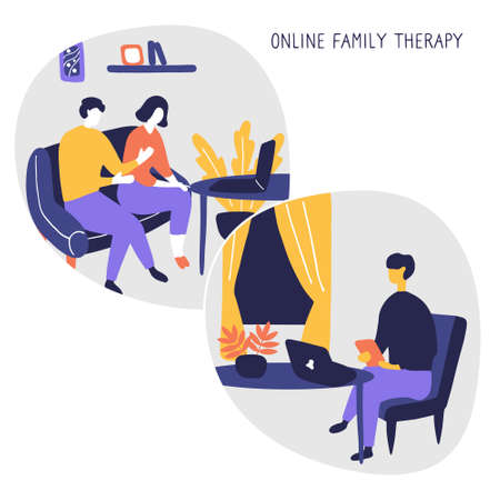 Family Psychologist. Online counseling for couple. Patients at psychological consultation. Flat vector illustration.のイラスト素材