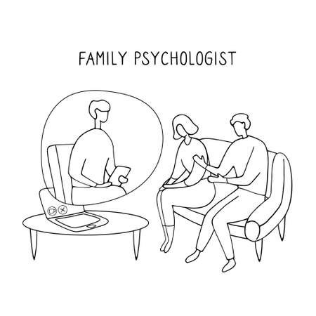 Family Psychologist. Online counseling for couple. Patients at psychological consultation. Linear doodle illustration.のイラスト素材