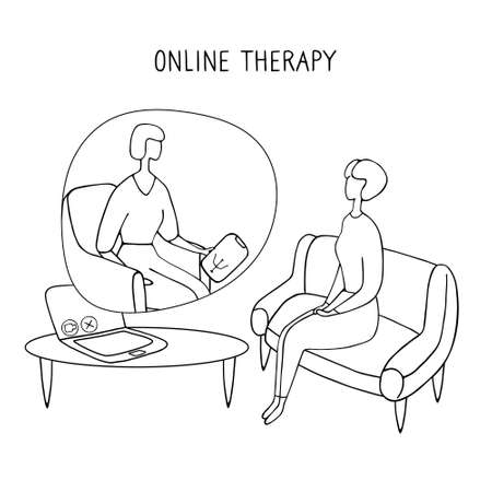 Patient talking to psychologist. Psychotherapy counseling. Online therapy session. Doodle vector graphic.のイラスト素材