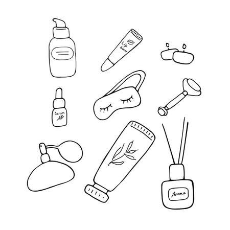 Skin care. Cosmetic products and accessories. Beauty icons for digital and print. Cute hand drawn vector graphic.のイラスト素材