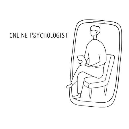 Online psychotherapy practice. Remote psychological help, psychiatrist consulting patient. Mental health care and treatment. Hand drawn vector illustration.のイラスト素材