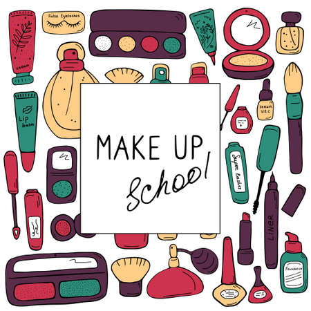 Make up school template. Cosmetics, beauty salon and shop concept for poster, banner, card, web. Visage courses, masterclass, training for makeup artists. Cute doodle vector illustration.のイラスト素材