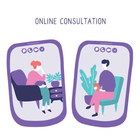 Doctor and patient communicate by video call. Online psychiatrist concept. Two people on screens of smartphones are talking to each other. Hand drawn vector illustration.のイラスト素材