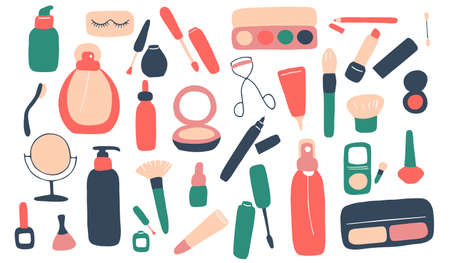 Visage set. Makeup and beauty elements. Skin Care Cosmetics and Decorations. Hand drawn doodle vector illustration.のイラスト素材