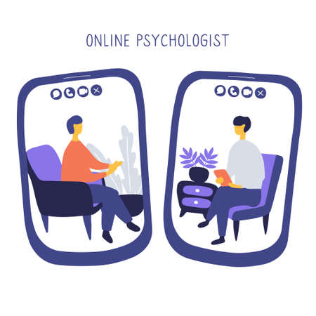 Doctor and patient communicate by video call. Online psychiatrist concept. Two people on screens of smartphones are talking to each other. Hand drawn vector illustration.のイラスト素材