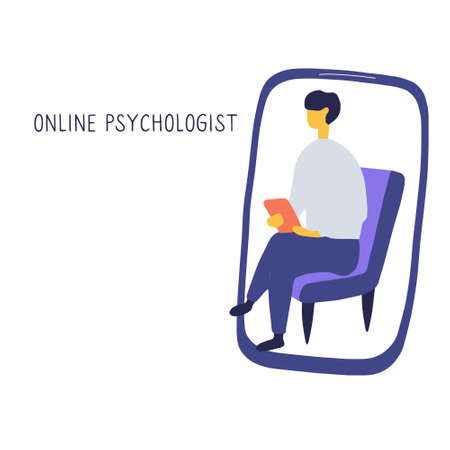 Online psychotherapy practice. Remote psychological help, psychiatrist consulting patient. Mental health care and treatment. Hand drawn vector illustration.のイラスト素材
