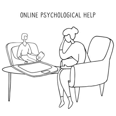 Girl sitting in chair in front of computer and talking to psychologist online. Remote psychological help, psychiatrist consulting patient. Mental health care and treatment. Vector illustration.のイラスト素材