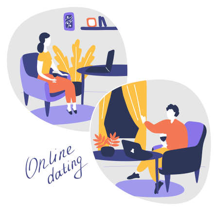 Young man and woman talks online from their homes in different countries. Couple met on dating site. Online relationships, communication with foreigners, international marriages. Online dates conceptのイラスト素材