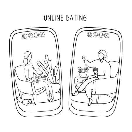 Phone screens where people communicate through dating app. Couple met online and continues to communicate at distance. Marriages and relationships created over the Internet and social mediaのイラスト素材