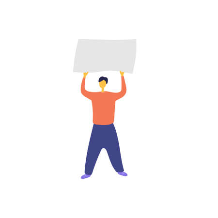 Protester man with blank placard. Male activist standing at picket with cardboard. Vector flat illustrationのイラスト素材