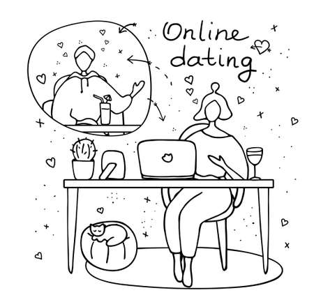 Heterosexual couple chatting online during pandemic. Man and woman flirting online on dating site. Virtual dating concept. Vector linear illustrationのイラスト素材