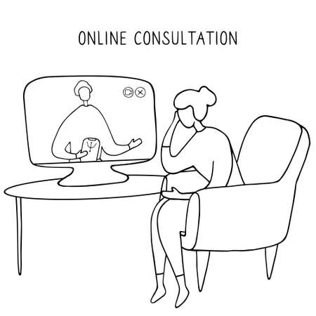 Woman sitting in chair in front of computer and talking to psychologist online. Remote psychological help, psychiatrist consulting patient. Mental health care and treatment. Vector illustrationのイラスト素材