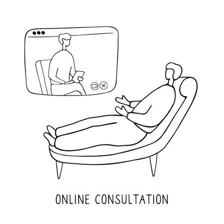 Man lies on couch and pours out his soul to psychologist through video communication. Online psychotherapy practice. Remote psychological help, psychiatrist consulting patient. Mental health careのイラスト素材
