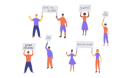 Eco activists staged protest. People protesting against environmental pollution. Men and women with placards went on strike. Green organization protects nature. Vector flat illustrationのイラスト素材