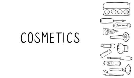 Set of makeup icons. Cosmetic products and accessories sketch. Fashion makeup banner. Simple cute beauty elements. Hand drawn doodle vector illustrationのイラスト素材