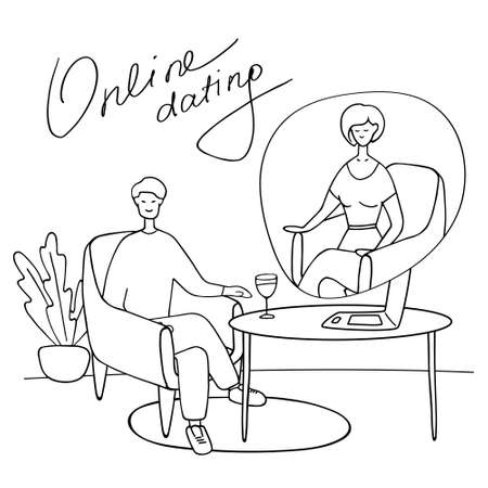 Young man talks with woman by videocall. Couple talks and drinks wine on online date. Online dating site concept. Video call, network communication, acquaintance via Internet. Hand drawn vectorのイラスト素材