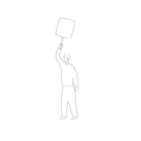 Protest. A man protests with a banner. People go on strike and take to street demonstrations. Political activist manifests. Hand drawn vector illustrationのイラスト素材