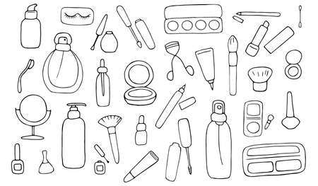 Make up and beauty symbols icon set. Female collection of different products accessoires for skin care and visage. Hand drawn vector illustration.のイラスト素材