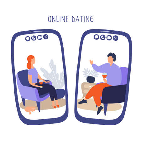 Phone screens where people communicate through dating app. Couple met online and continues to communicate at distance. Marriages and relationships created over the Internet and social mediaのイラスト素材