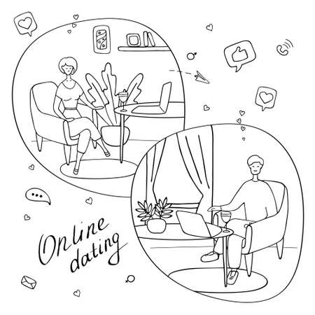 Young man and woman talks online from their homes in different countries. Couple met on dating site. Online relationships, communication with foreigners, international marriages. Online dates concept.のイラスト素材