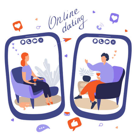 Tablet screens where people communicate through online messenger. Heterosexual couple met on internet app. International marriages and relationships created over Internet and social media. Flat vectorのイラスト素材