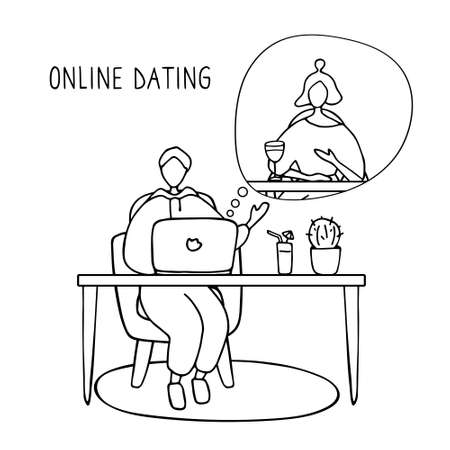 Couple chatting online during pandemic. Man and woman flirting online on dating site. Virtual dating concept. Vector flat illustration. Linear vector graphic.のイラスト素材