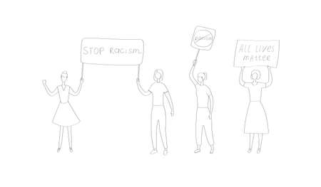 Rally against racism. Protest movement against violence and inequality. People advocate for gender and racial equality. Hand drawn flat vector illustration.のイラスト素材