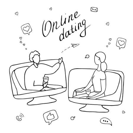 Online dating concept. Young woman and man talk online. Couple met on dating site and communicate on Internet. Long distance relationships, international couples. Computer monitors with people in themのイラスト素材