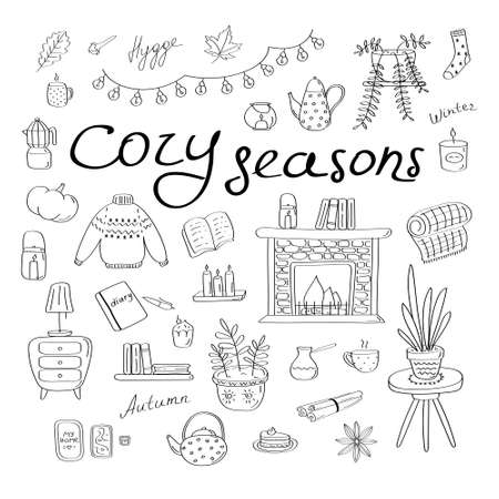 Cozy seasons. Big set of hygge icons and handwritten lettering. Cute elements for posters, cards, stickers and seasonal designs. Hand drawn linear vector illustration in Scandinavian styleのイラスト素材